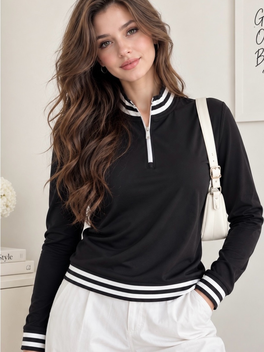 CEGOLFS NWT Black & White Quarter Zip Long Sleeve Golf Pullover Size L